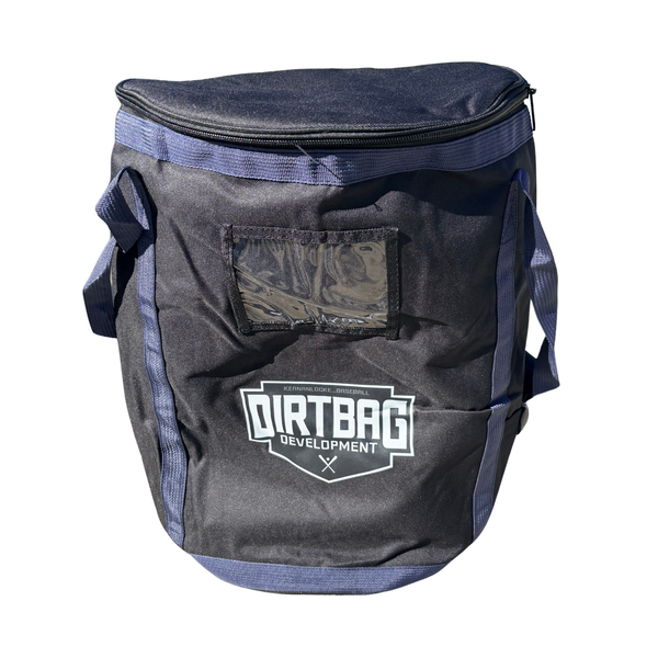 A black and navy blue insulated cooler bag with a front window and a white 'DIRT BAG DEVELOPMENT' logo on the front, isolated on a white background.